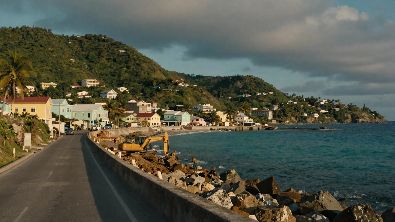 A coastal road and seawall under construction below a Caribbean hillside town