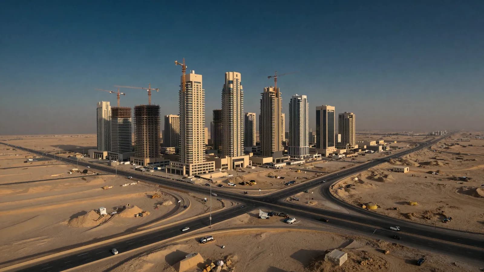 High-rise towers and a desert highway interchange under construction in the Gulf