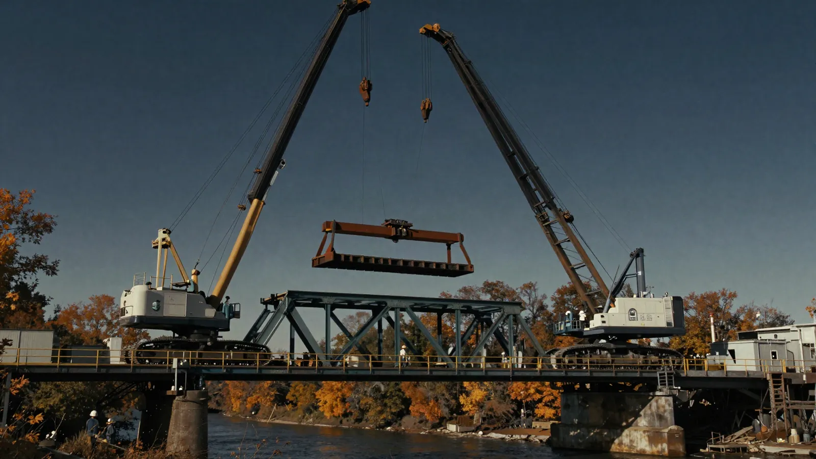 Crawler cranes lifting a steel girder onto a river bridge in autumn